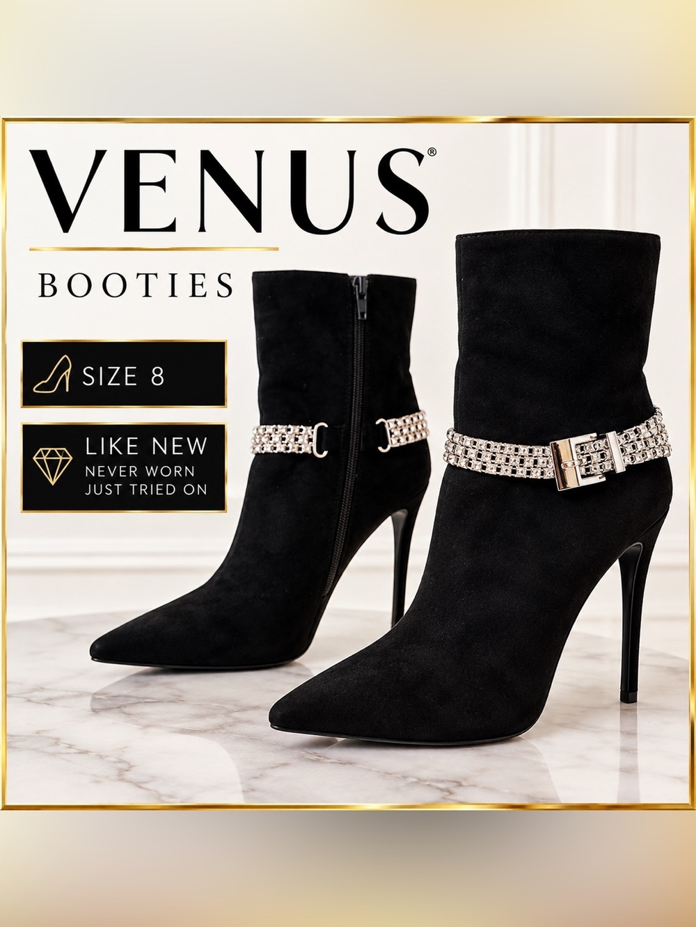 VENUS Black Rhinestone Stiletto Booties, Size 8
